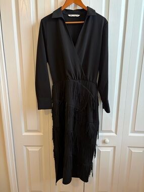Zara Black Fringe Midi Dress Size Medium